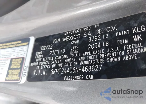 2022 Kia Forte Lxs from USA, damaged, VIN 3KPF24AD6NE463627